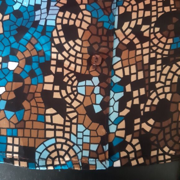 Laura Studio SZ18 Satin Finish Geometric Button Up Women's Shirt, Blues & Browns - Picture 7 of 15